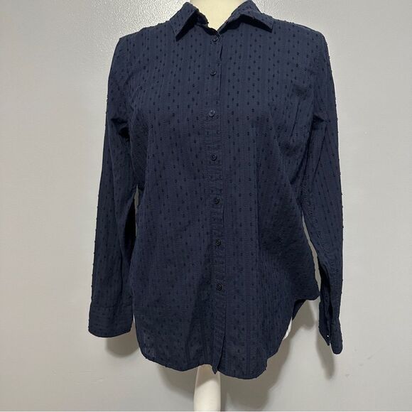 Talbots petite navy blue polkadot button up long sleeve shirt size MP - Picture 1 of 6